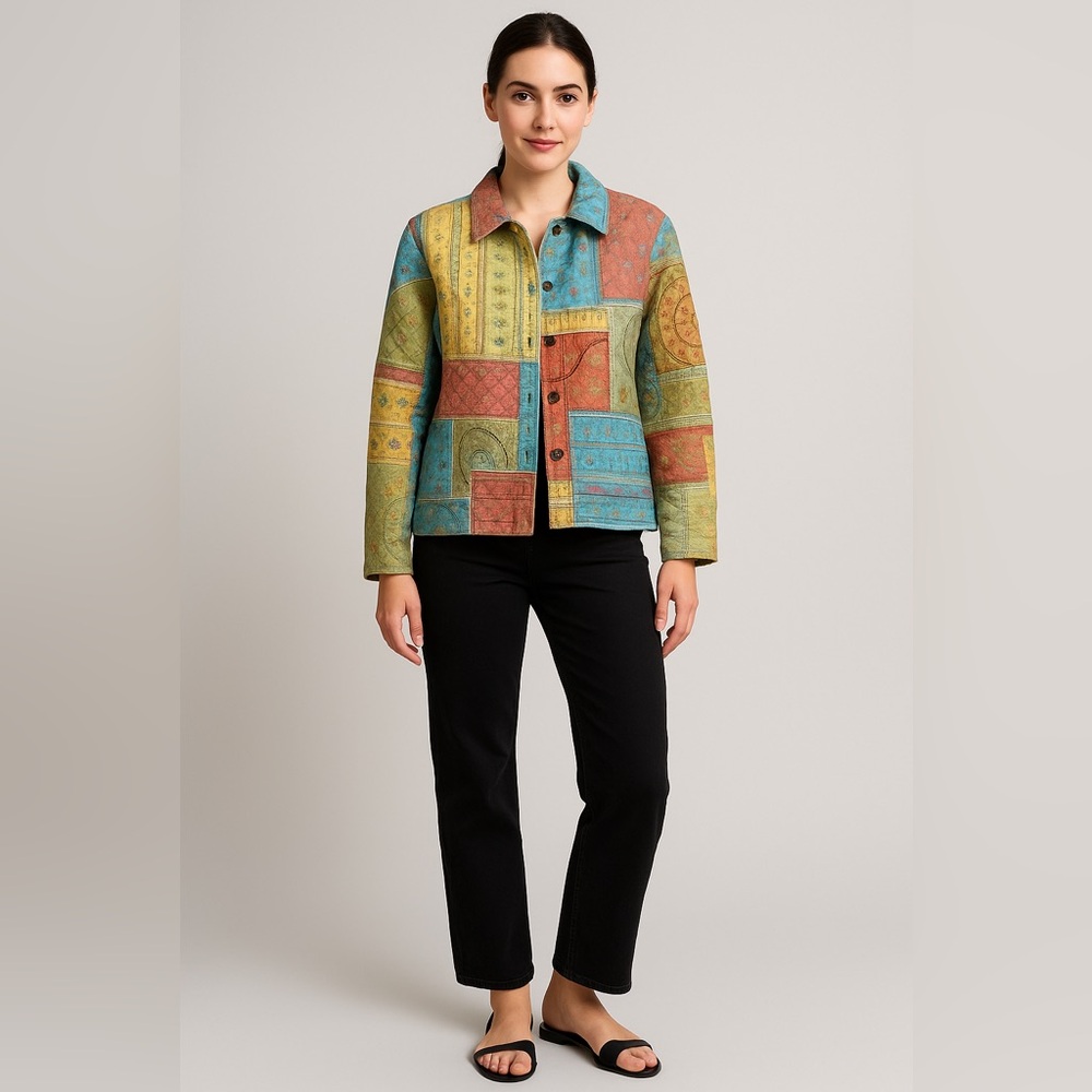 VNTG Art To Wear Silk Sequence Colorful Patchwork Jacket Hippie Boho Street M